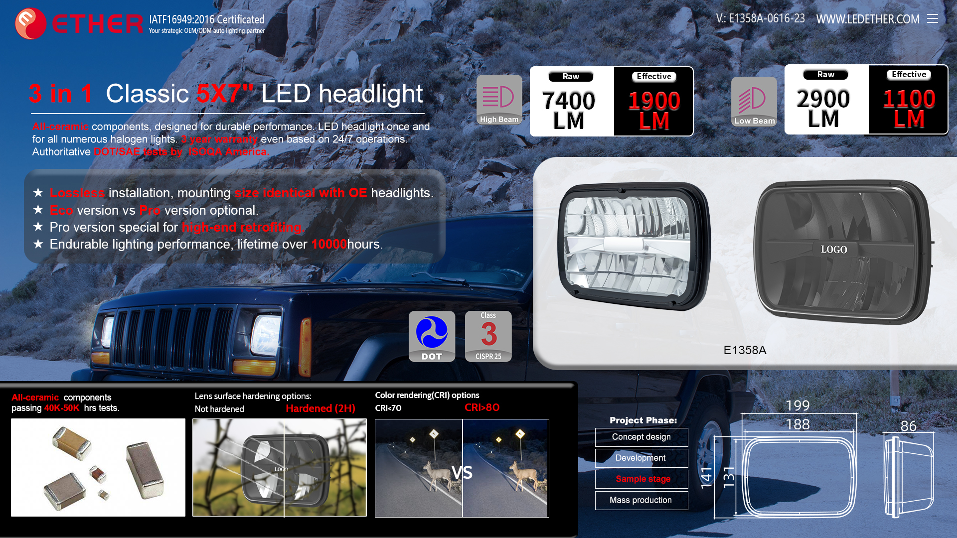 E1358A 3 in 1 Classic 5X7" LED headlight