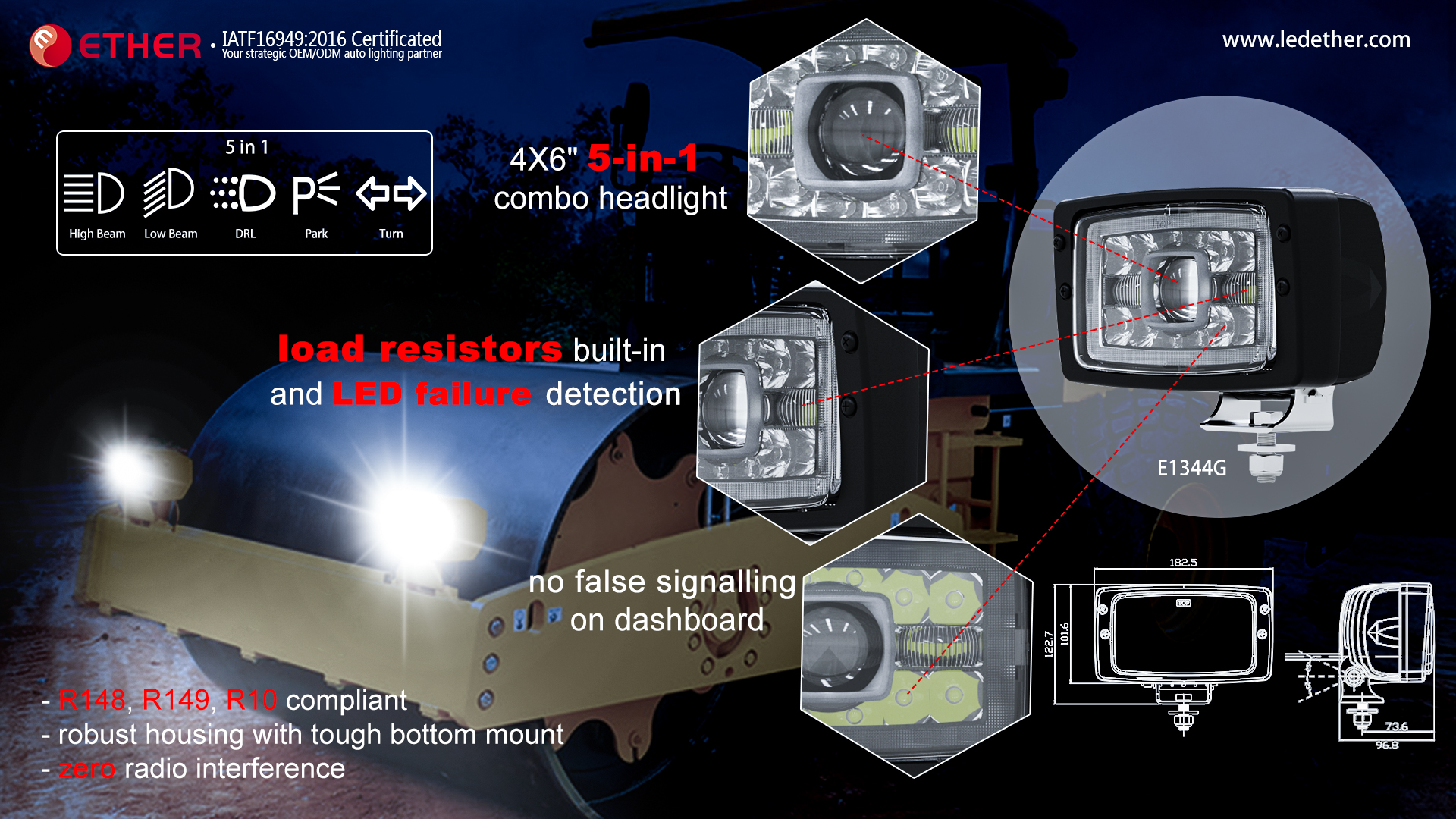 E1344G 4X6" 5-in-1combo headlight